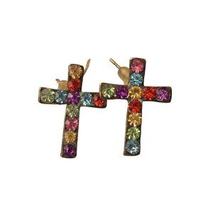 Colorful Gold-Tone Cross Earrings With Multicolor Rhinestones